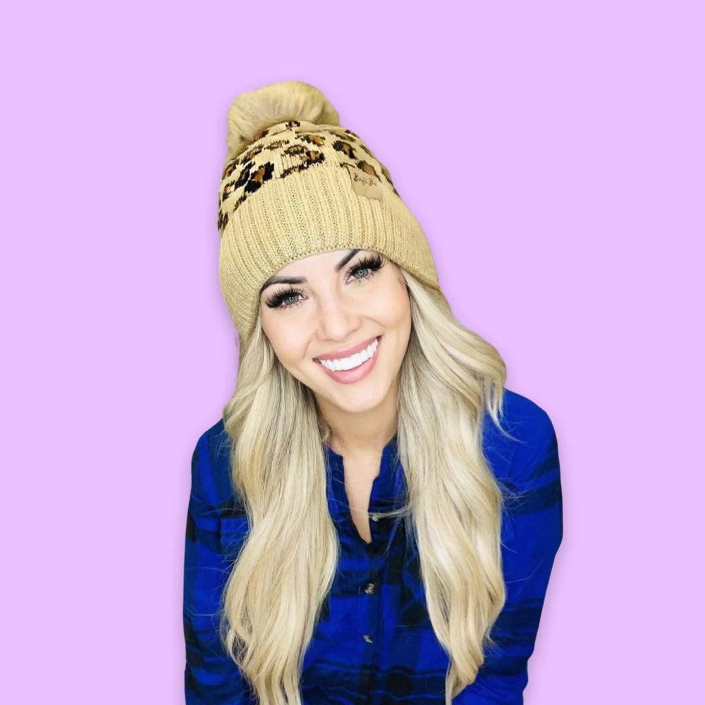 Leopard Pom Pom Beanie Hat